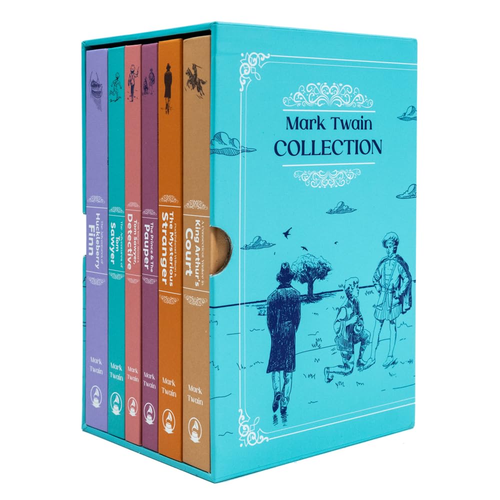 Mark Twain 6 Books Collection Set hardback front covers fanned out, showing Tom Sawyer, Huckleberry Finn and more classic titles