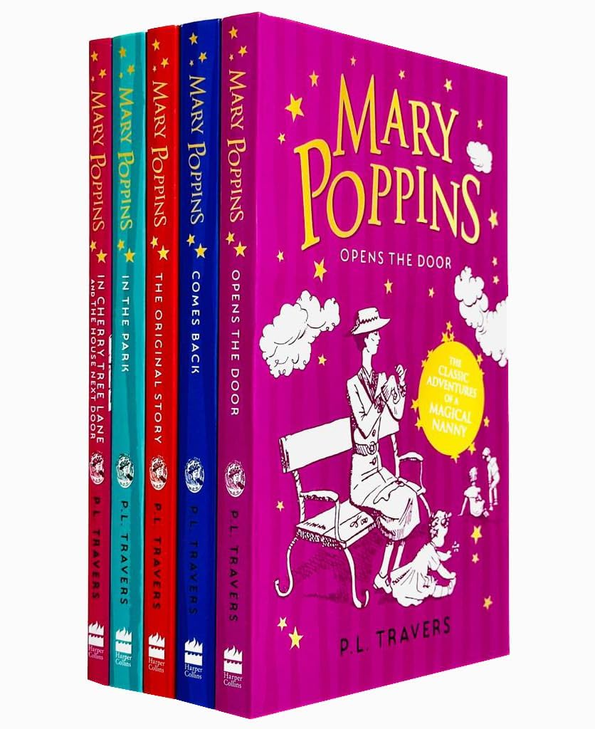 Front cover view of the Mary Poppins Collection 5 books paperback set by P. L. Travers with colorful cover art, ages 9-14.