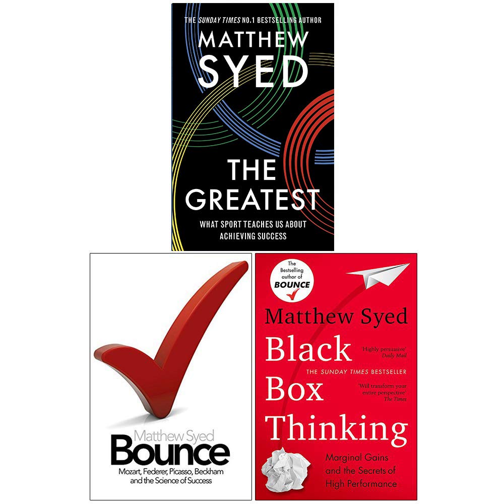 Front covers of the Matthew Syed 3 Books Collection Set paperback: Black Box Thinking, Bounce, and The Greatest