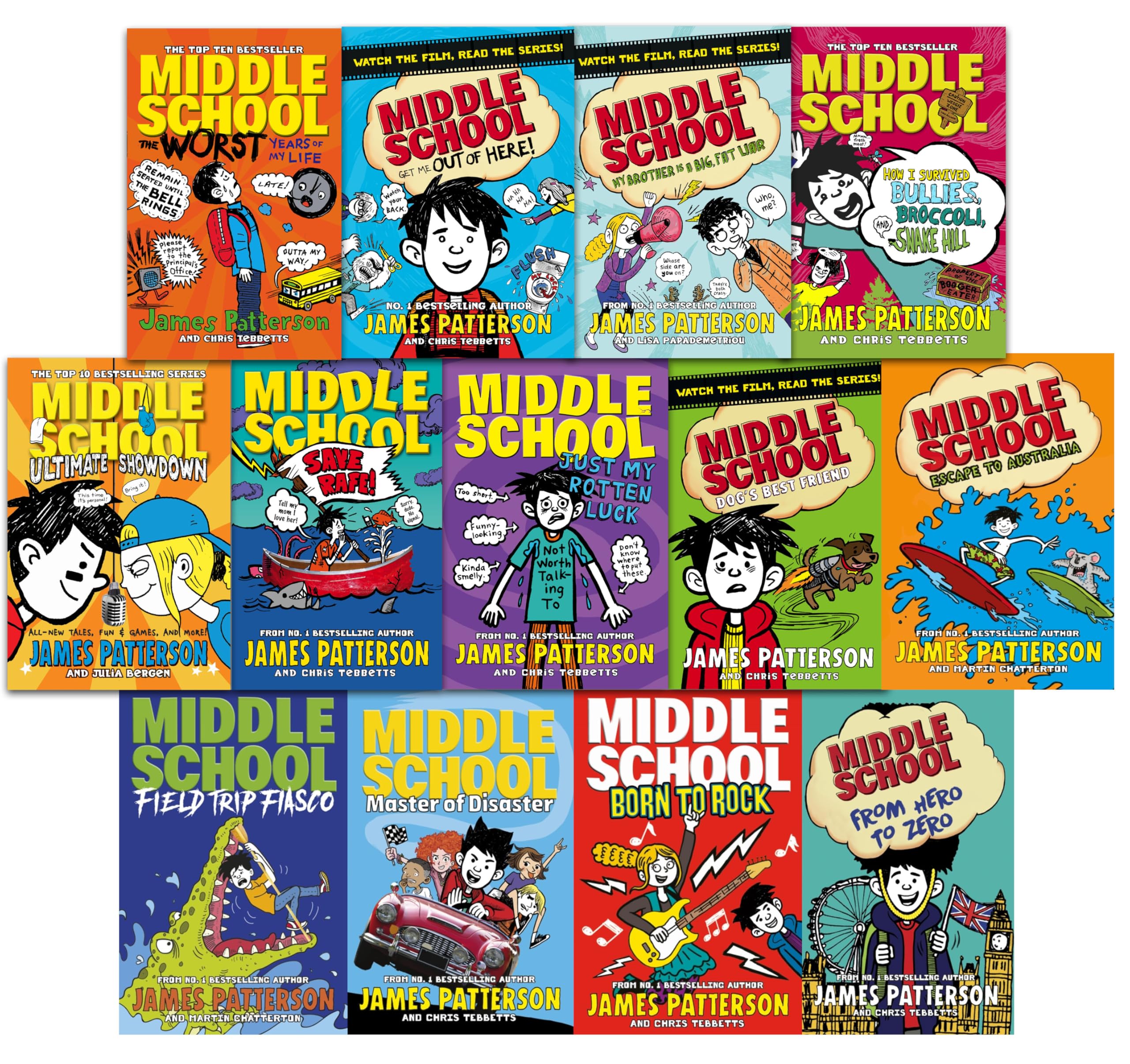 Middle School by James Patterson 13 books collection set, paperback covers featuring Rafe Khatchadorian's school adventures including Escape to Australia and Field Trip Fiasco.