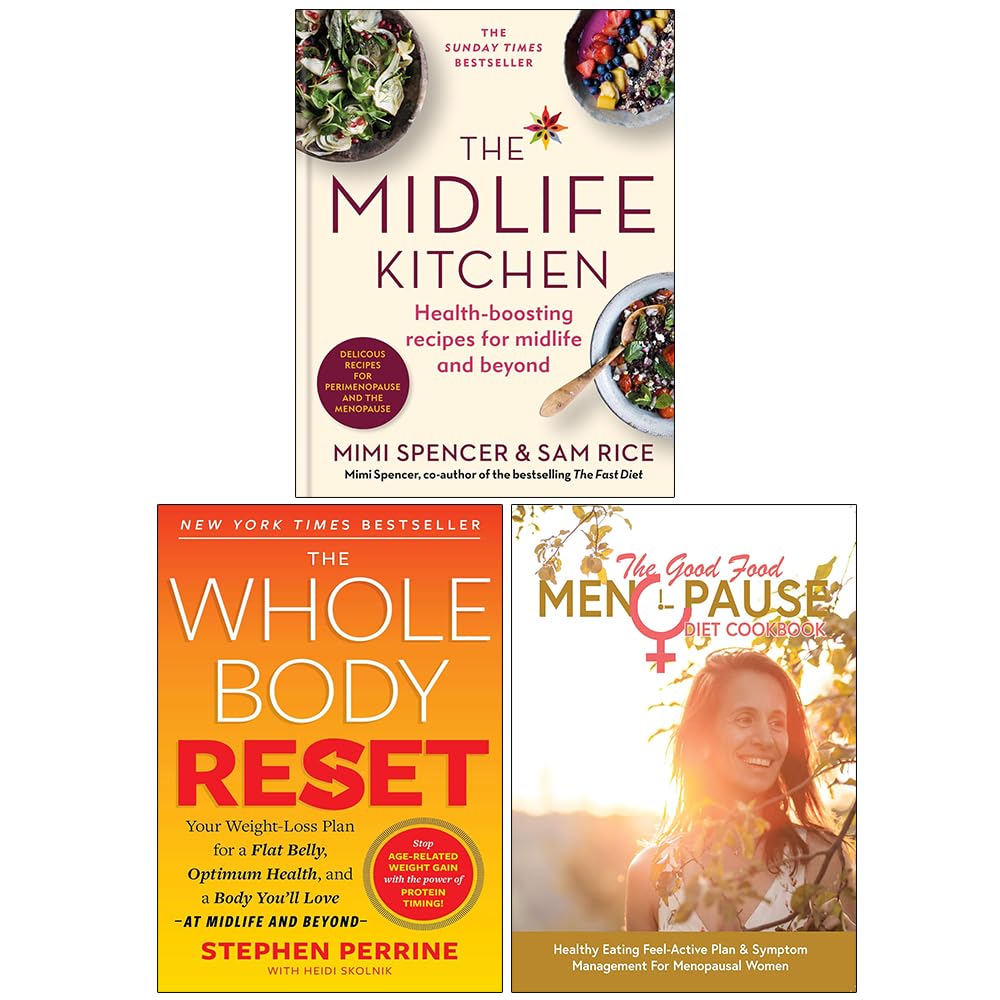 Front cover of Midlife Health and Menopause Diet 3 Books Collection Set paperback, featuring The Midlife Kitchen, The Whole Body Reset, and The Good Food Menopause Diet Cookbook