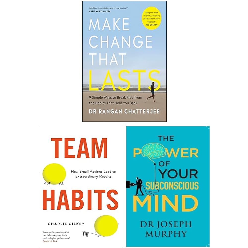 Front cover of the Mindset Collection 3 book paperback set featuring Make Change That Lasts by Dr Rangan Chatterjee, Team Habits by Charlie Gilkey, and The Power of Your Subconscious Mind by Joseph Murphy.