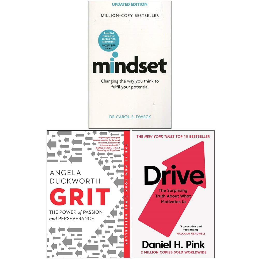 Mindset Grit Drive 3 book paperback collection set front covers by Carol Dweck, Angela Duckworth and Daniel Pink