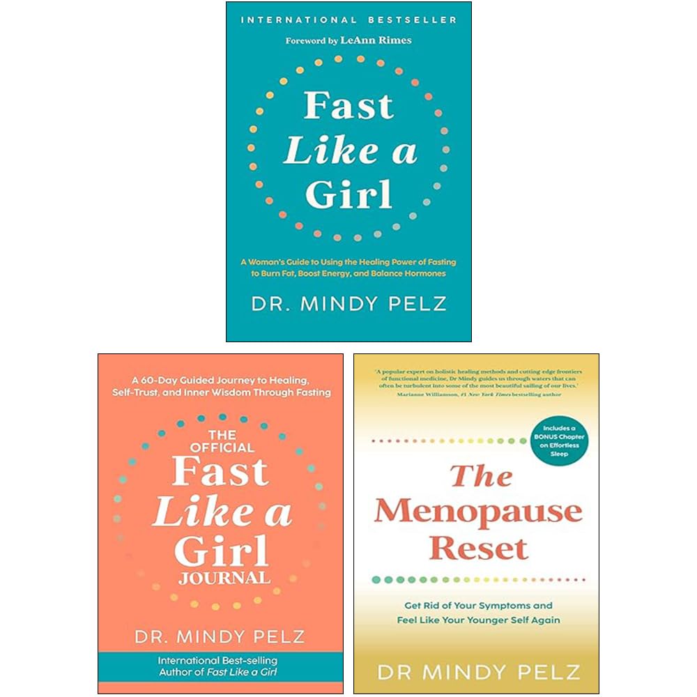 Mindy Pelz 3-book set front cover pack shot featuring Fast Like a Girl, The Official Fast Like a Girl Journal, and The Menopause Reset in mixed hardcover and paperback format.