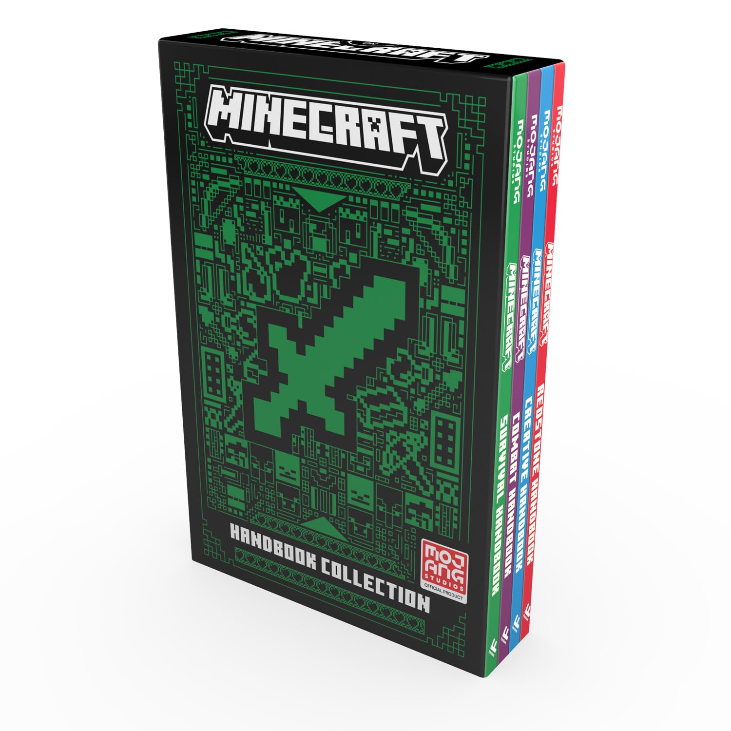 Minecraft Handbook Series 4 Books Collection Set by Mojang AB, paperback front covers showing Combat, Creative, Survival, and Redstone Handbooks