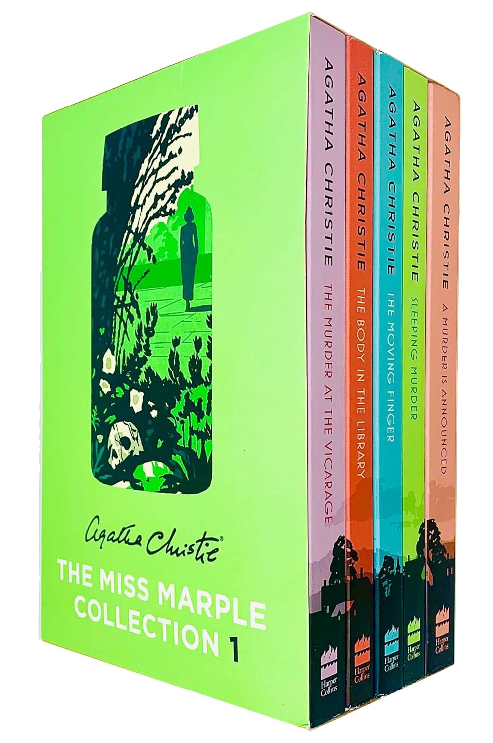 Front covers of the Miss Marple Mysteries Books 1-5 Collection Set paperback boxed set by Agatha Christie.