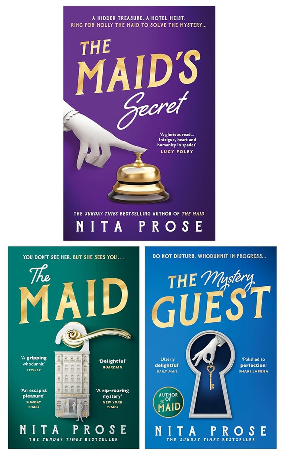 Molly the Maid Mystery Series by Nita Prose 3 book collection set front covers, mixed paperback and hardcover