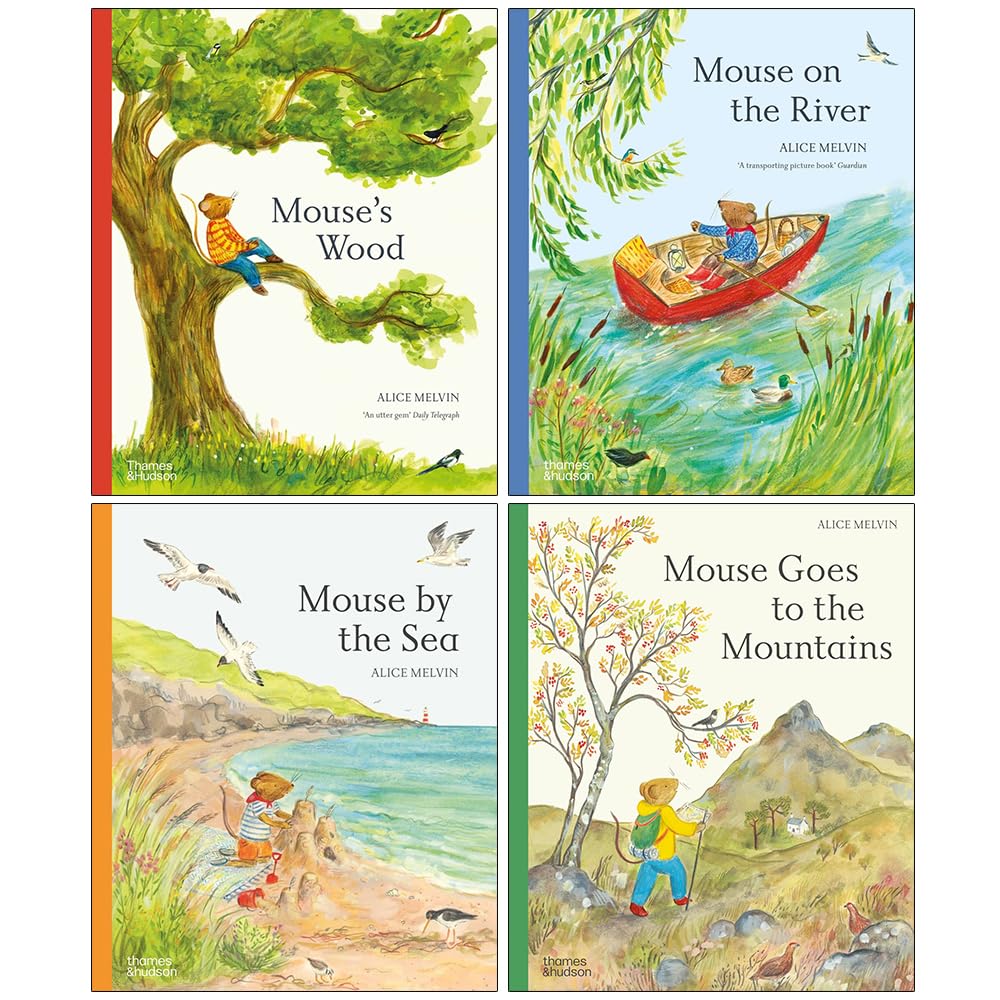 Mouse's Adventures 4 book collection set by Alice Melvin - front covers of Mouse's Wood, Mouse on the River, Mouse by the Sea, and Mouse Goes to the Mountains