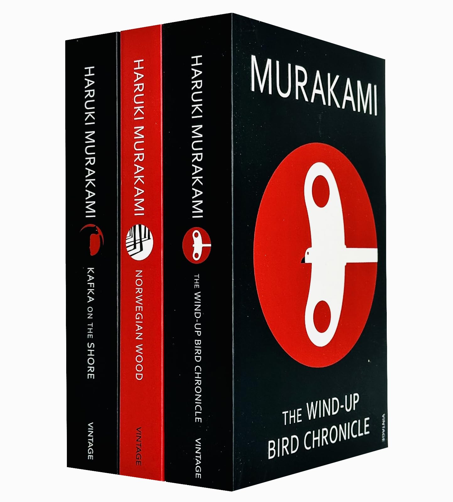 Front covers of the Murakami 3 Books Collection Set by Haruki Murakami, featuring Kafka on the Shore, Norwegian Wood, and The Wind-Up Bird Chronicle paperbacks.