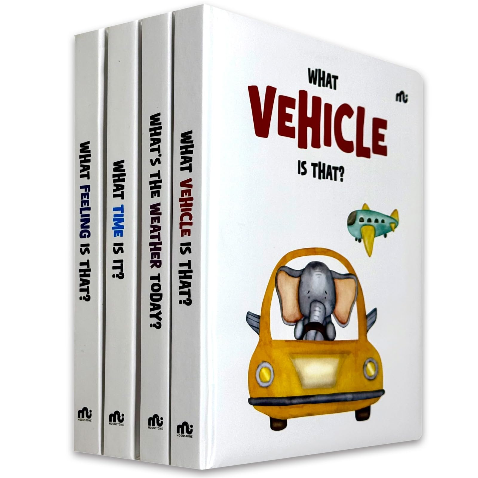 My First Learning 4 Books Collection Set by Moonstone - front cover of the full board book set, Vehicles Weather Time Feelings, ages 2-4