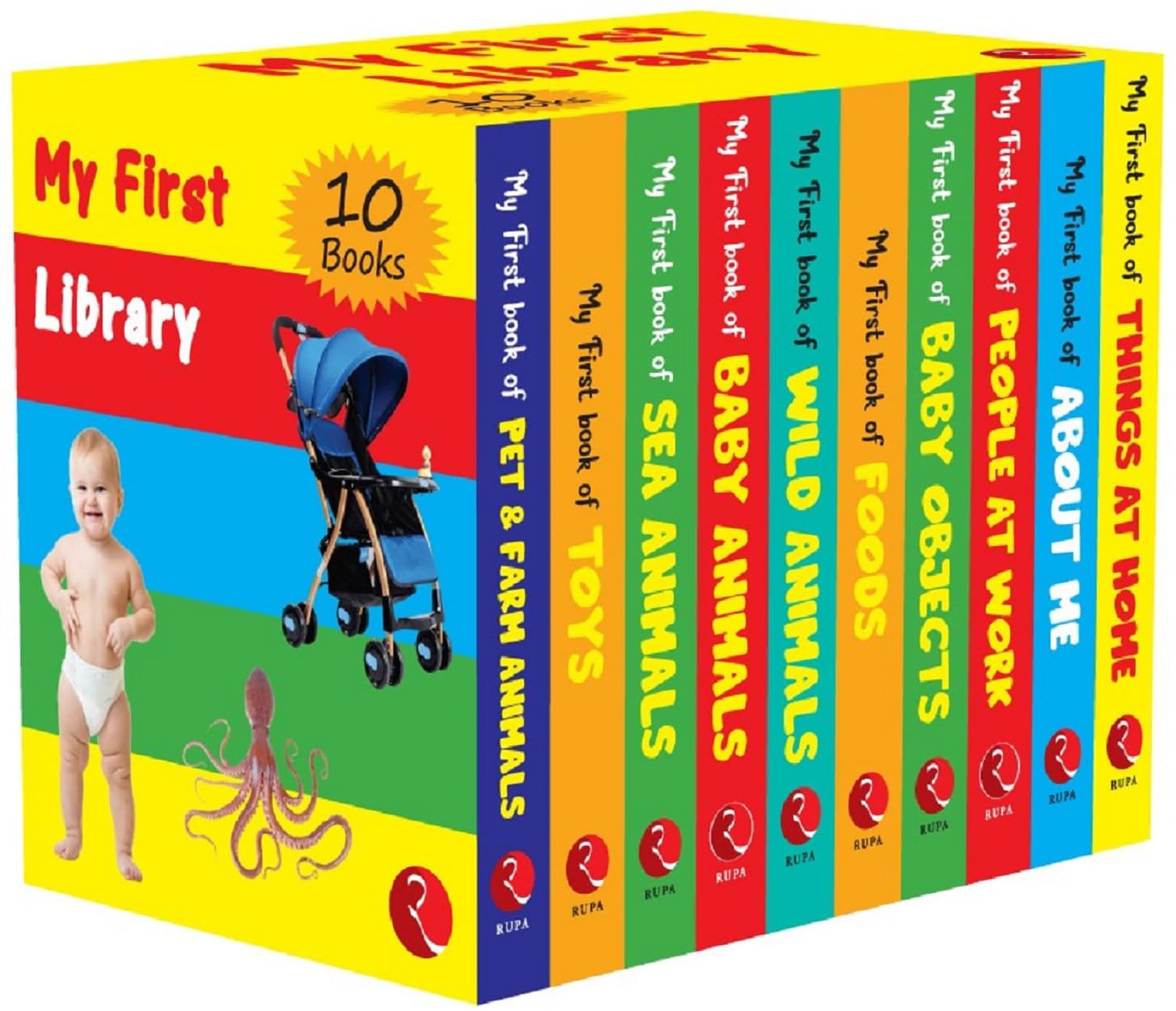 My First Library 10 Board Books Box Set by Moonstone - front cover of the complete box set for babies and toddlers