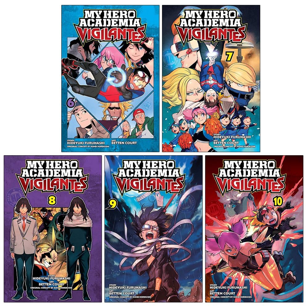My Hero Academia: Vigilantes 5-book paperback set by Hideyuki Furuhashi, Volumes 6 through 10 shown together