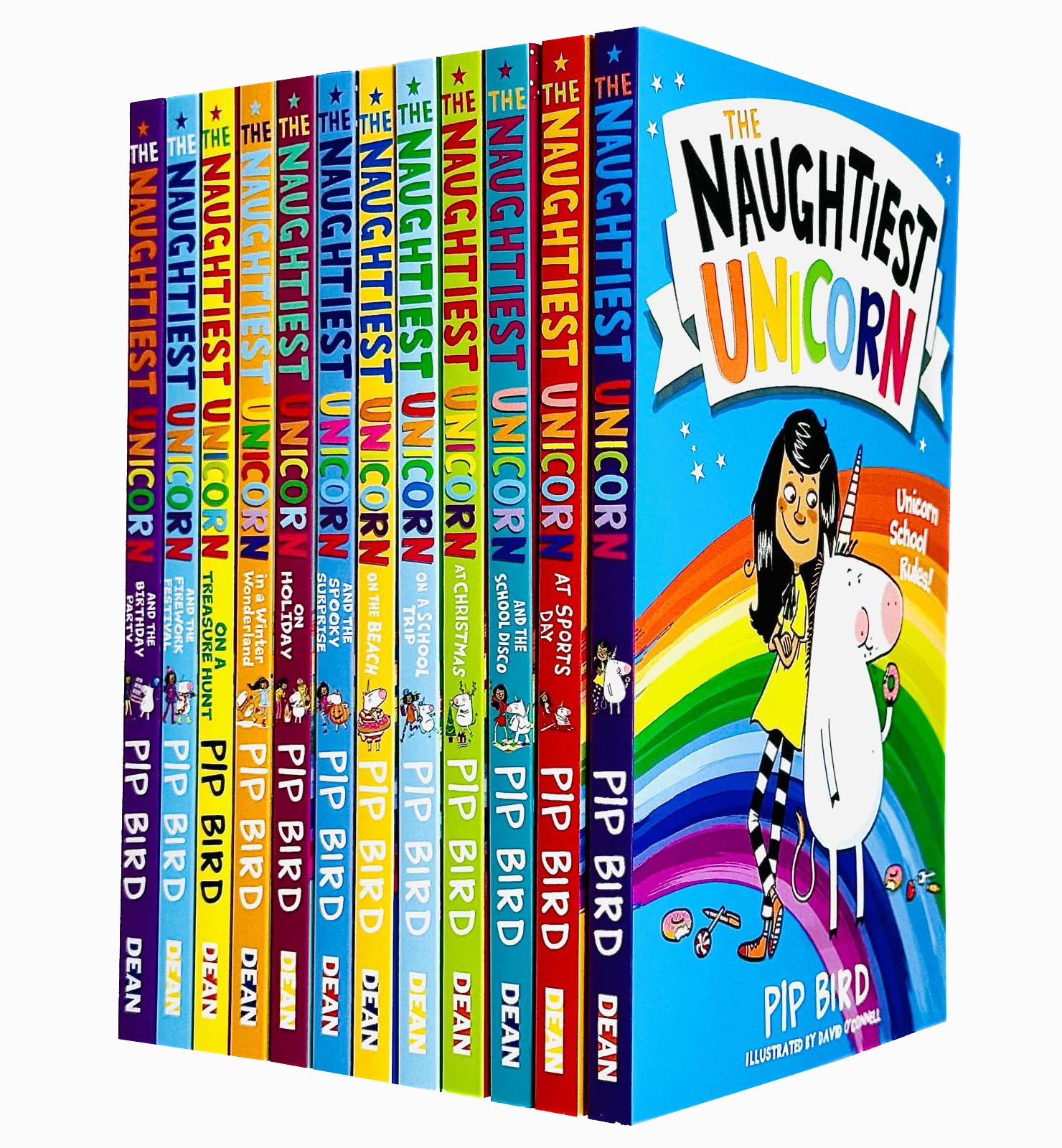 Front cover of The Naughtiest Unicorn 12-book paperback collection set box by Pip Bird