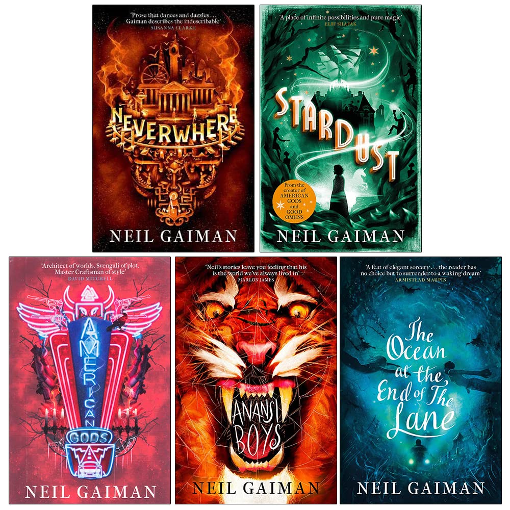 Neil Gaiman American Gods 5 Books Collection Set paperback front cover showing American Gods, Neverwhere, Anansi Boys, Stardust, and Fragile Things