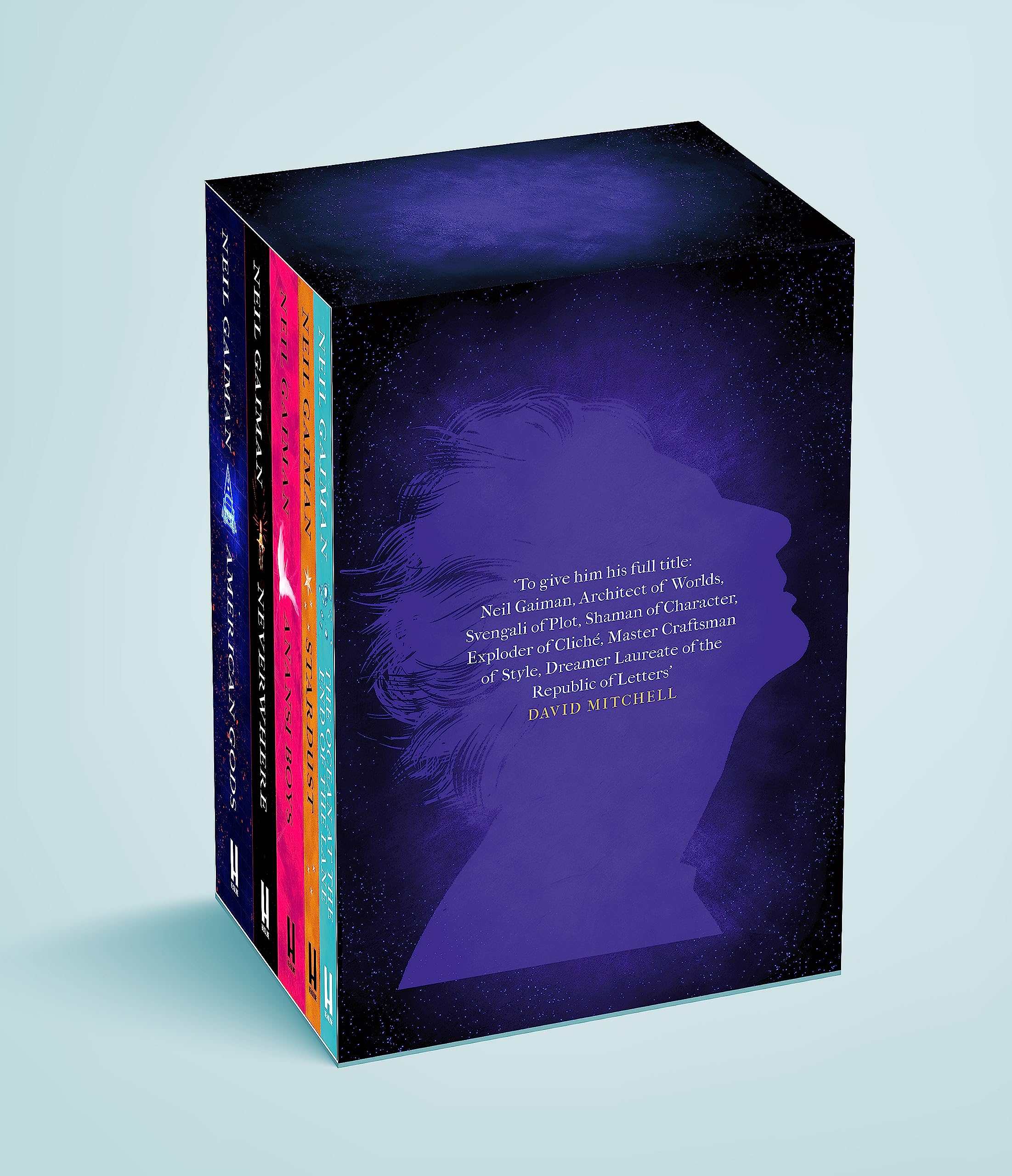 The Neil Gaiman Collection 5 book paperback box set by Neil Gaiman featuring Neverwhere, Stardust, American Gods, Anansi Boys, and The Ocean at the End of the Lane