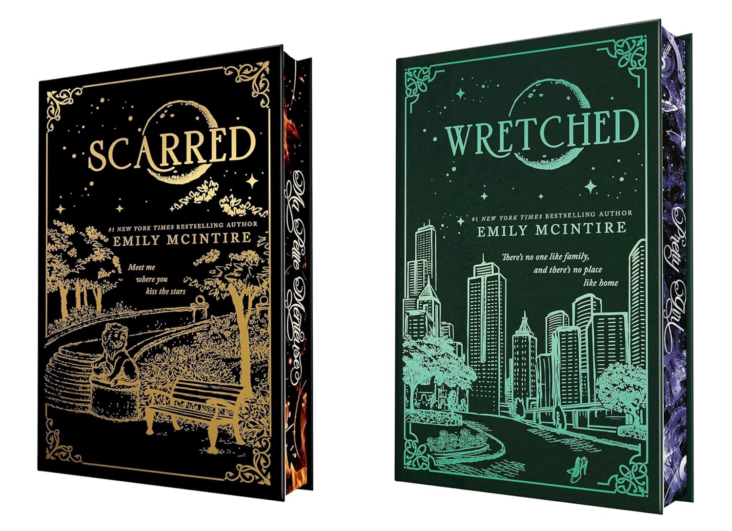 Never After Scarred and Wretched Collector's Edition hardcover front covers by Emily McIntire