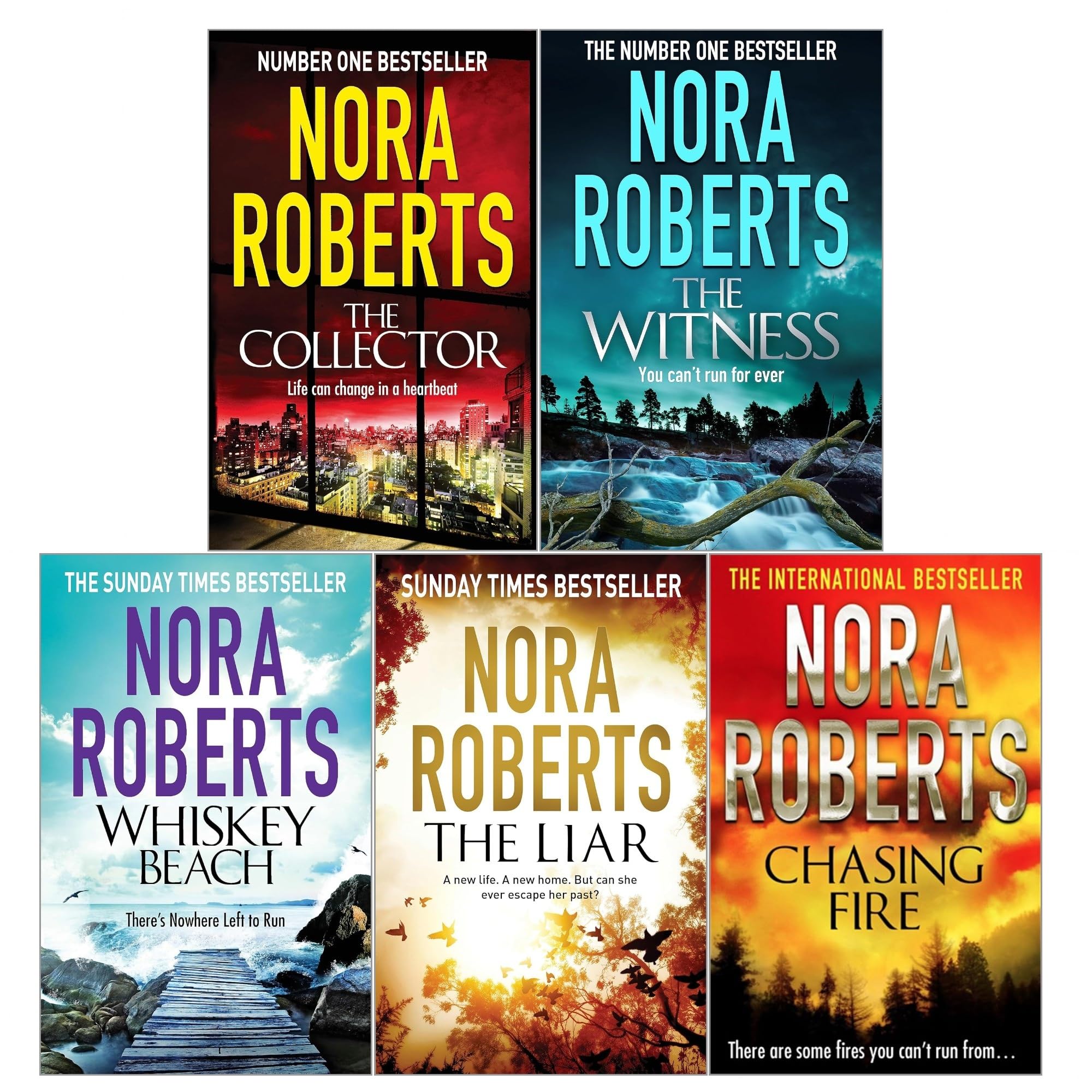 Nora Roberts 5 Books Collection Set paperback front cover showing Whiskey Beach, The Witness, The Liar, The Collector, and Chasing Fire