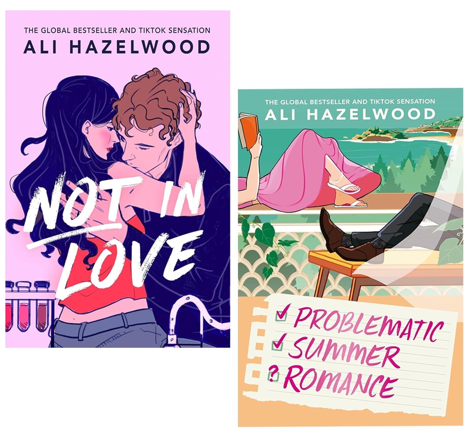 Not in Love Series by Ali Hazelwood 2 Books Collection Set paperback front covers, featuring Not in Love and Problematic Summer Romance