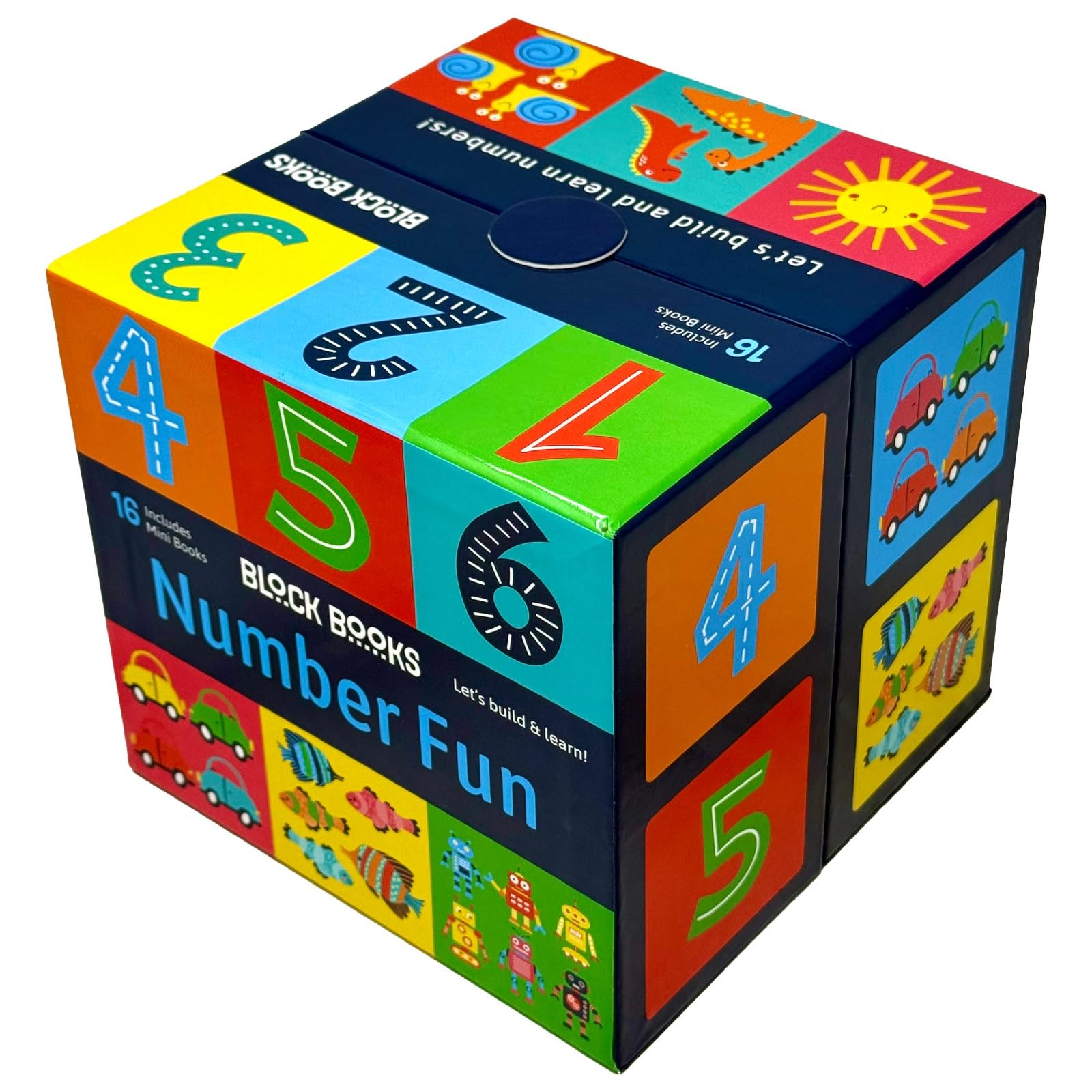 Number Fun 16 mini block books boxed set by Lake Press, front cover of packaging showing colorful number board books