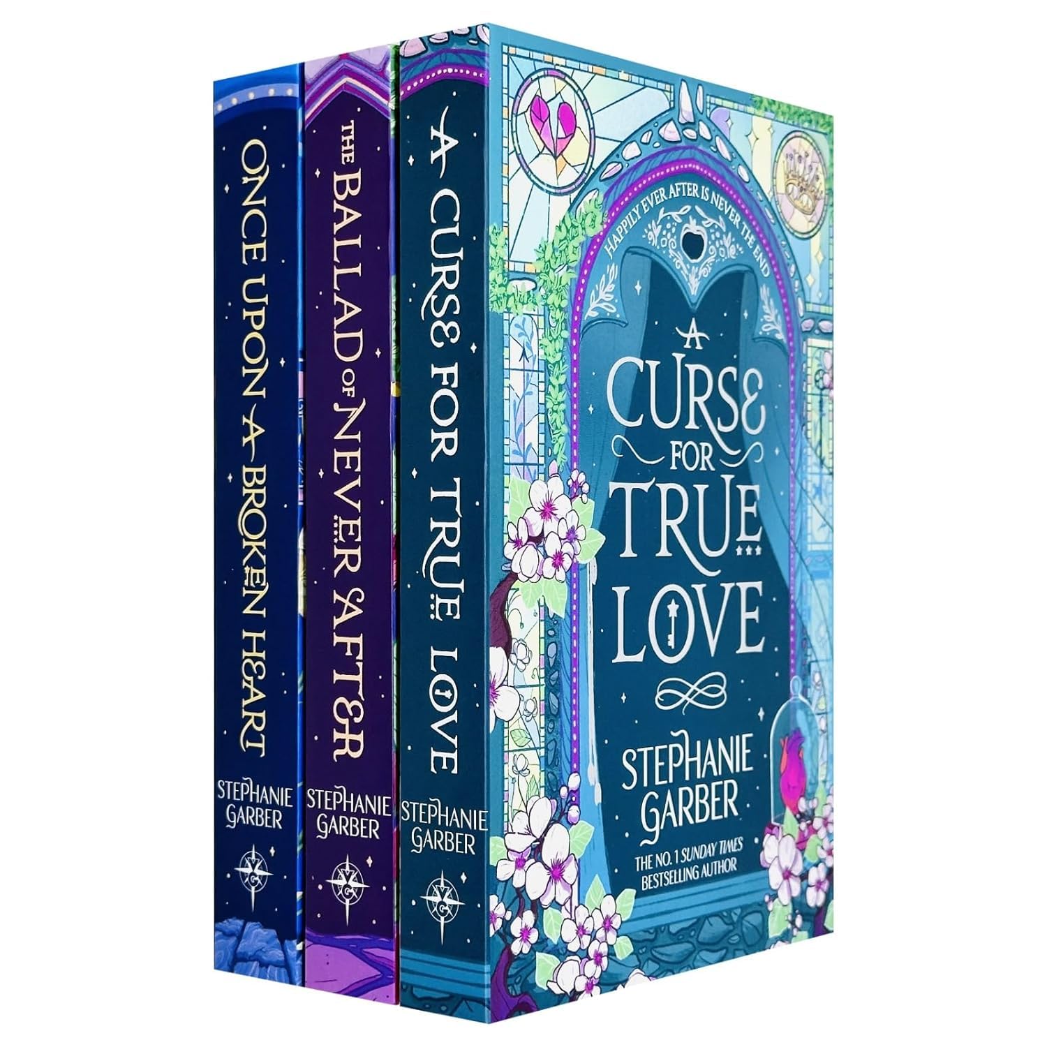 Front covers of the Once Upon a Broken Heart 3-book paperback set by Stephanie Garber standing upright together.