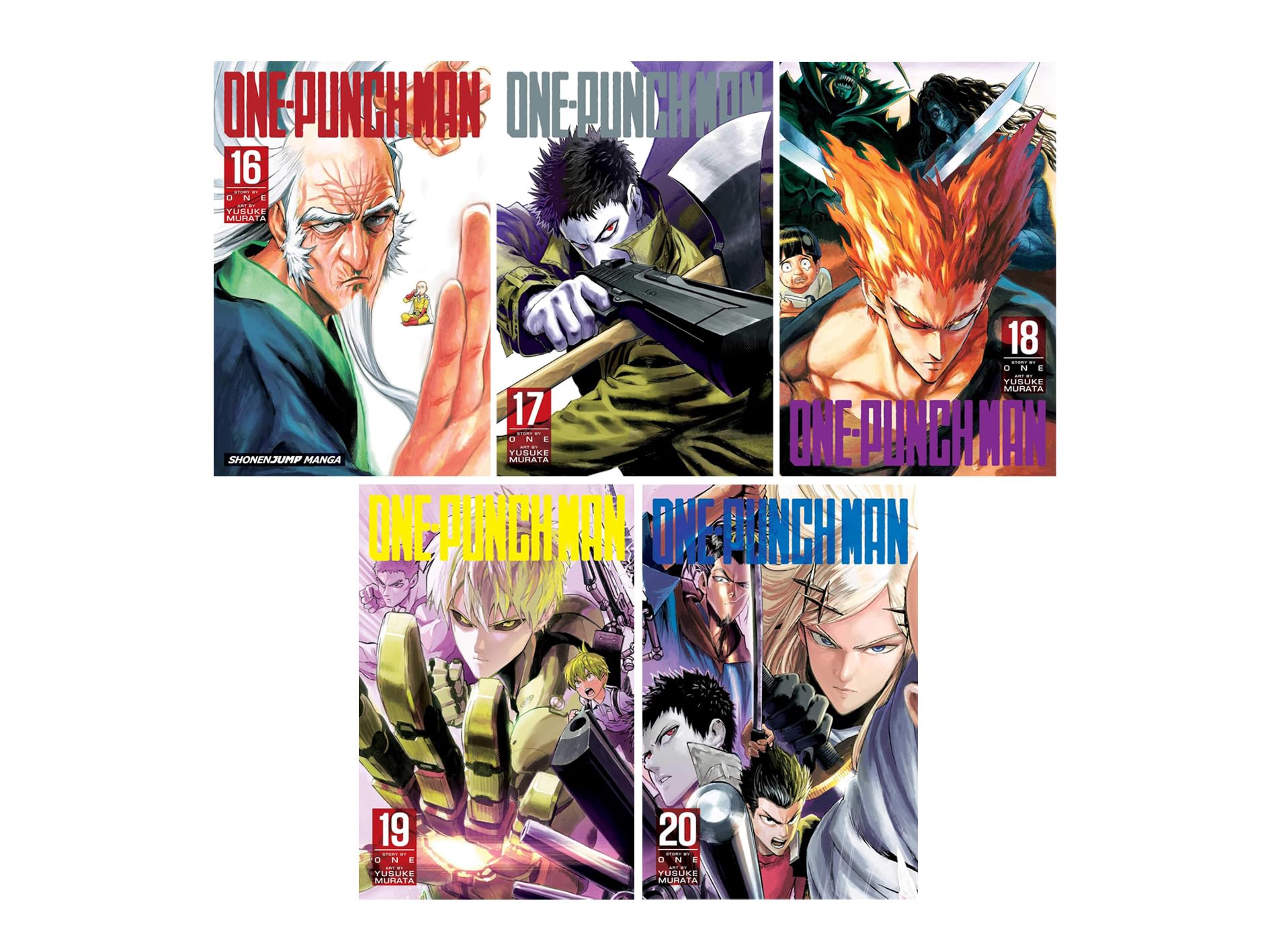 One-Punch Man Volumes 16-20 paperback manga box set front covers by ONE and Yusuke Murata, VIZ Media