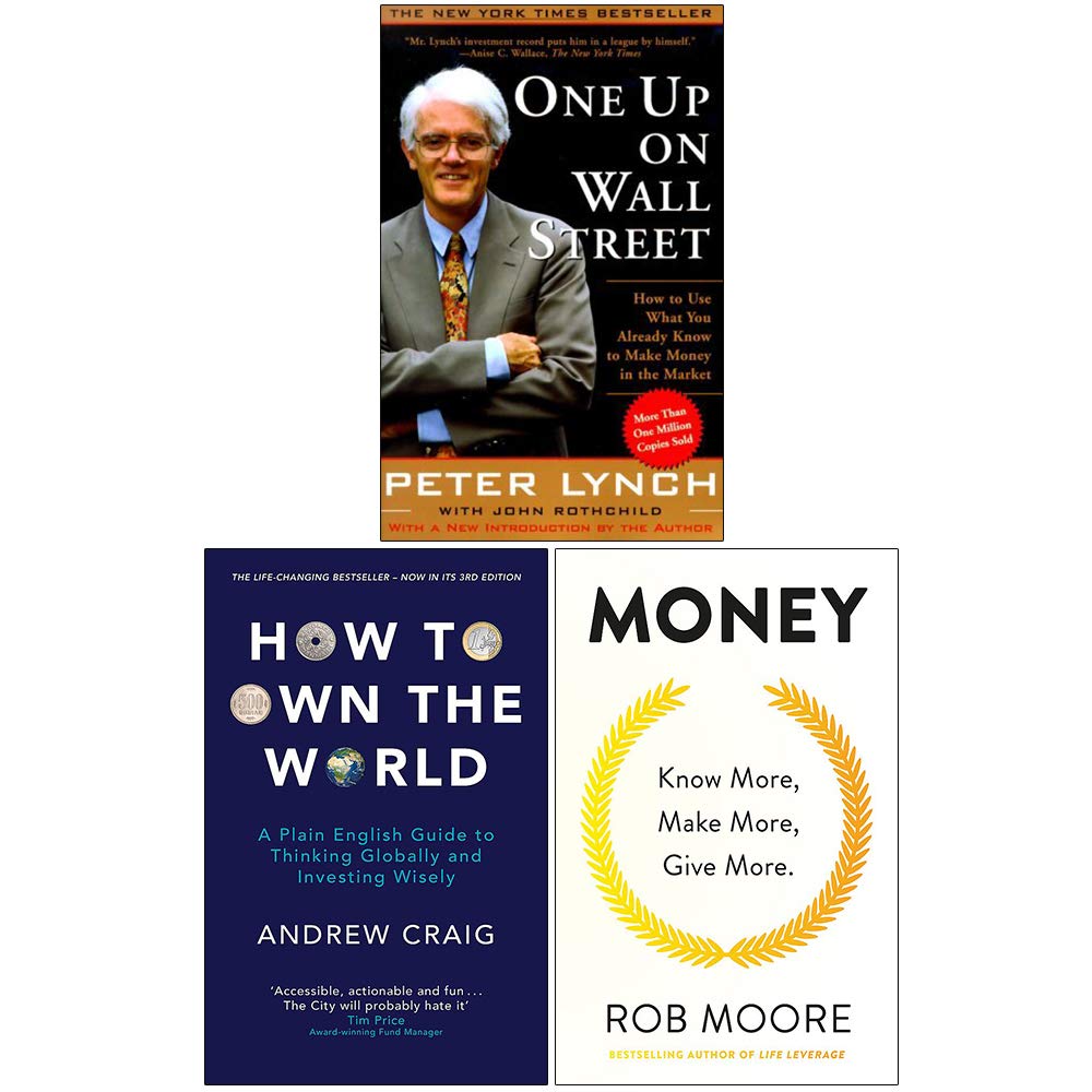 One Up On Wall Street, How to Own the World, and Money 3-book finance collection set paperback front covers