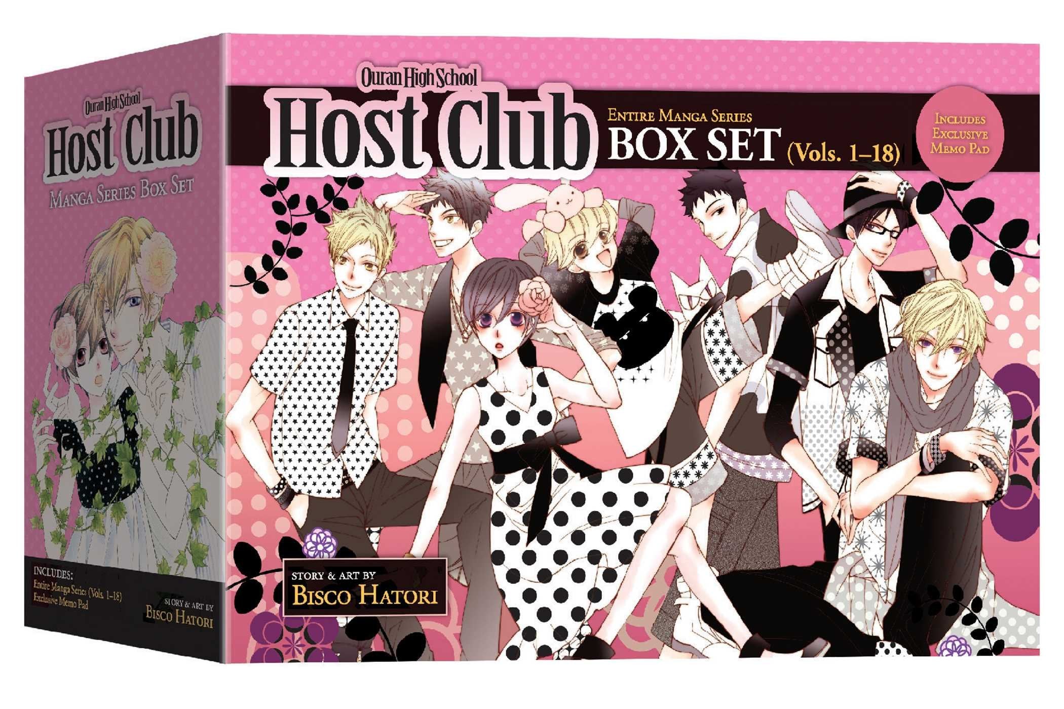 Ouran High School Host Club complete 18-volume paperback box set by Bisco Hatori, showing all covers and spines fanned out together.