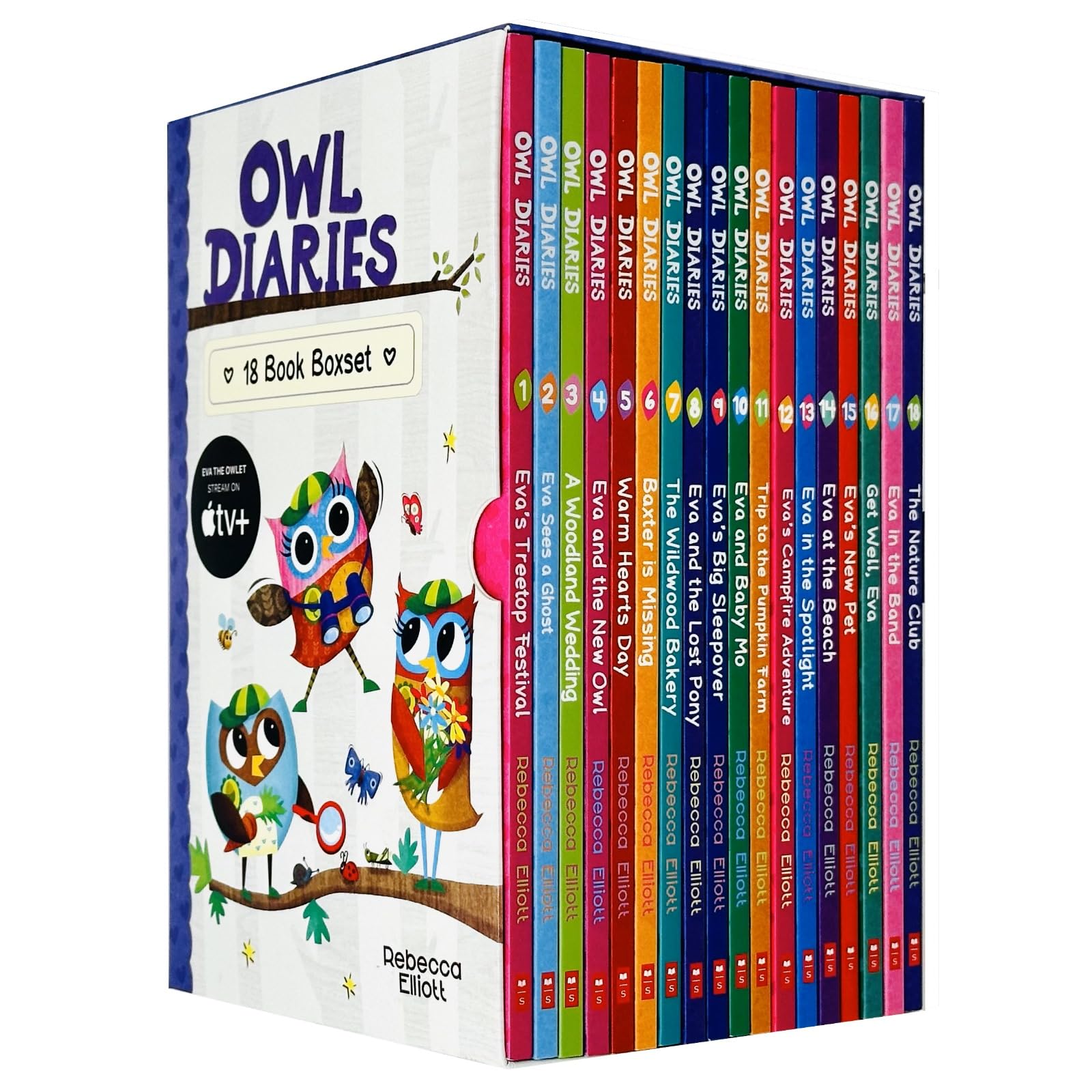 Front cover view of the Owl Diaries 18-book paperback collection by Rebecca Elliott, showing colorful individual book spines for ages 5-7.