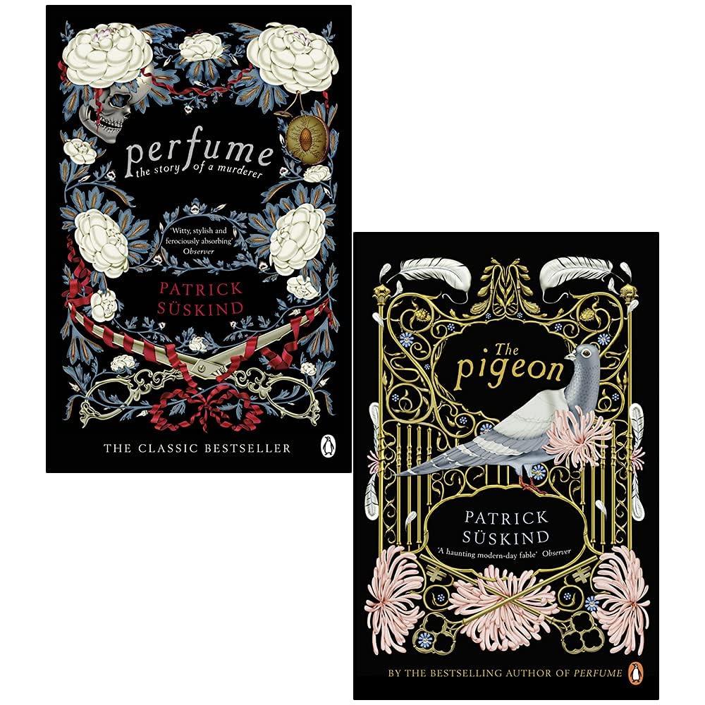 Front covers of Patrick Süskind's 2 Books Collection Set: Perfume: The Story of a Murderer and The Pigeon, paperback fiction