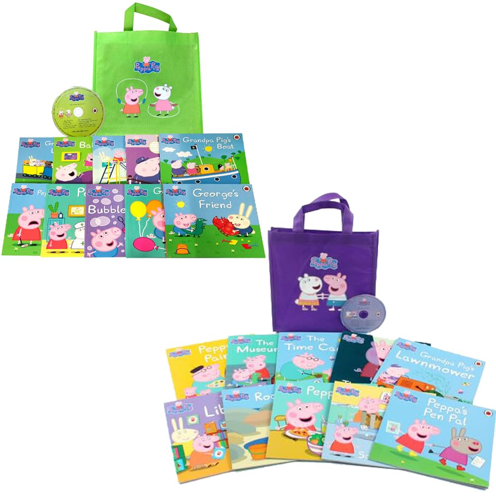 Peppa Pig 20 Books Collection Set paperback front cover with lime and purple storybook bags