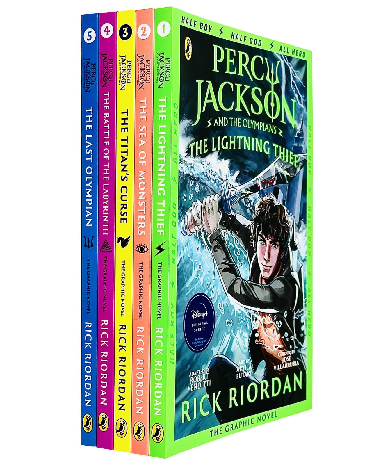 Percy Jackson and the Olympians Graphic Novels 5 book paperback collection set front cover, The Lightning Thief graphic novel by Rick Riordan