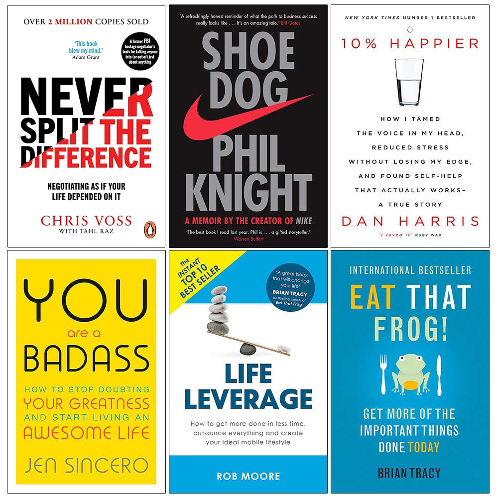 Front covers of the Personal Development Classics 6-book paperback set featuring Never Split the Difference, Shoe Dog, 10% Happier, You Are a Badass, Life Leverage, and Eat That Frog