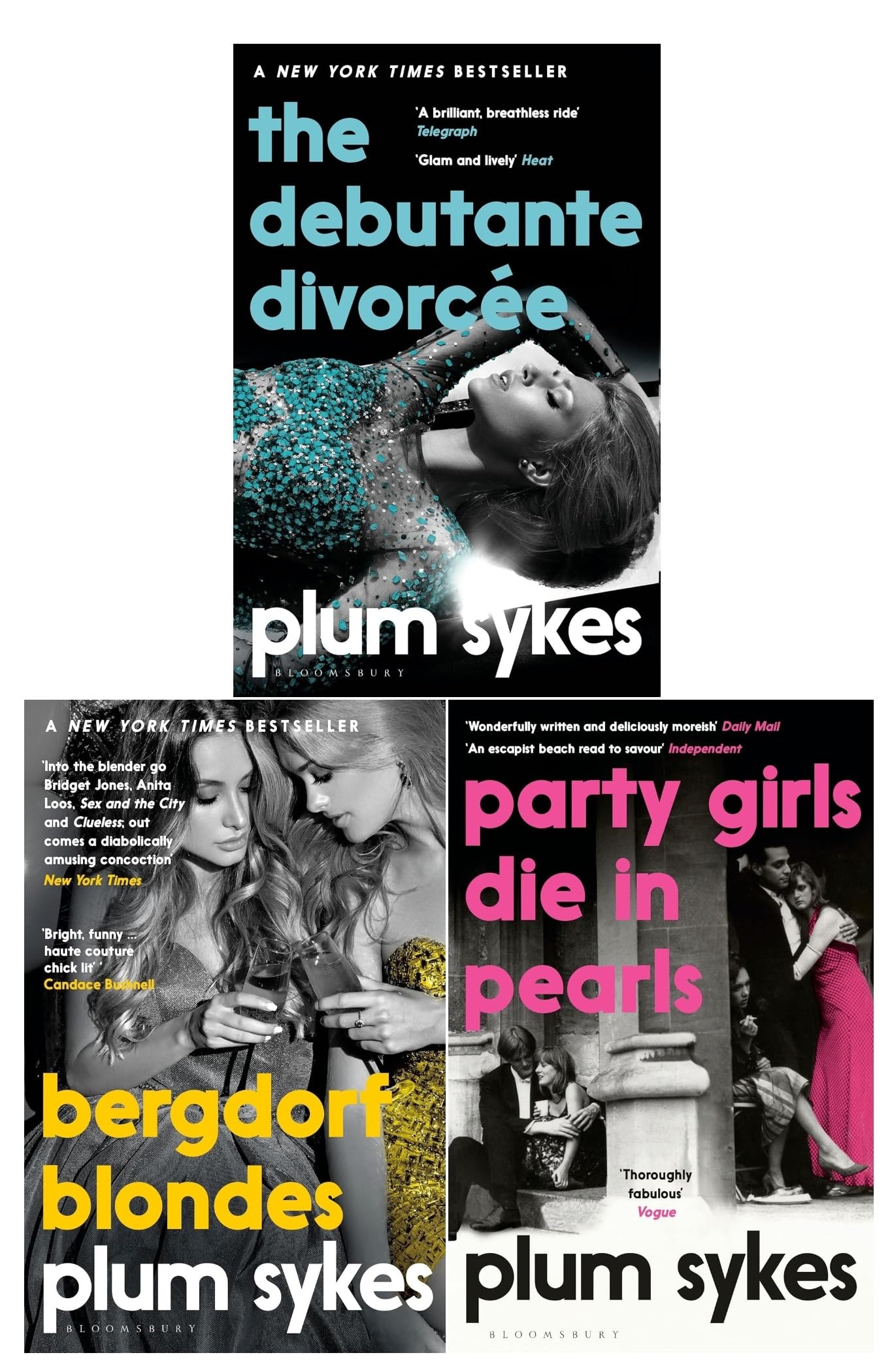 Plum Sykes 3 Books Collection Set paperback front covers - The Debutante Divorcée, Bergdorf Blondes, Party Girls Die in Pearls