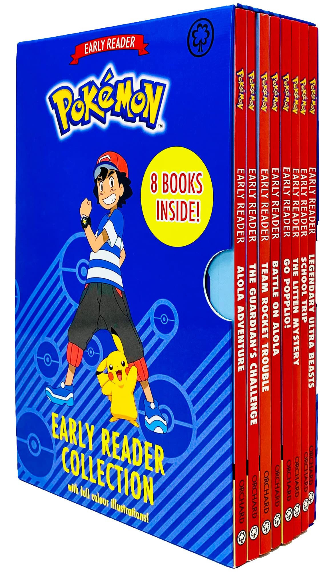 The Official Pokémon Early Reader 8 Books Collection Set paperback box front cover featuring Ash and Pikachu, ages 6-8