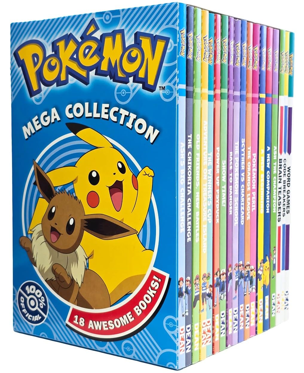 Pokémon Mega Collection 18 Books Box Set paperback cover, ages 5-8, featuring Ash, Pikachu, and puzzle book titles