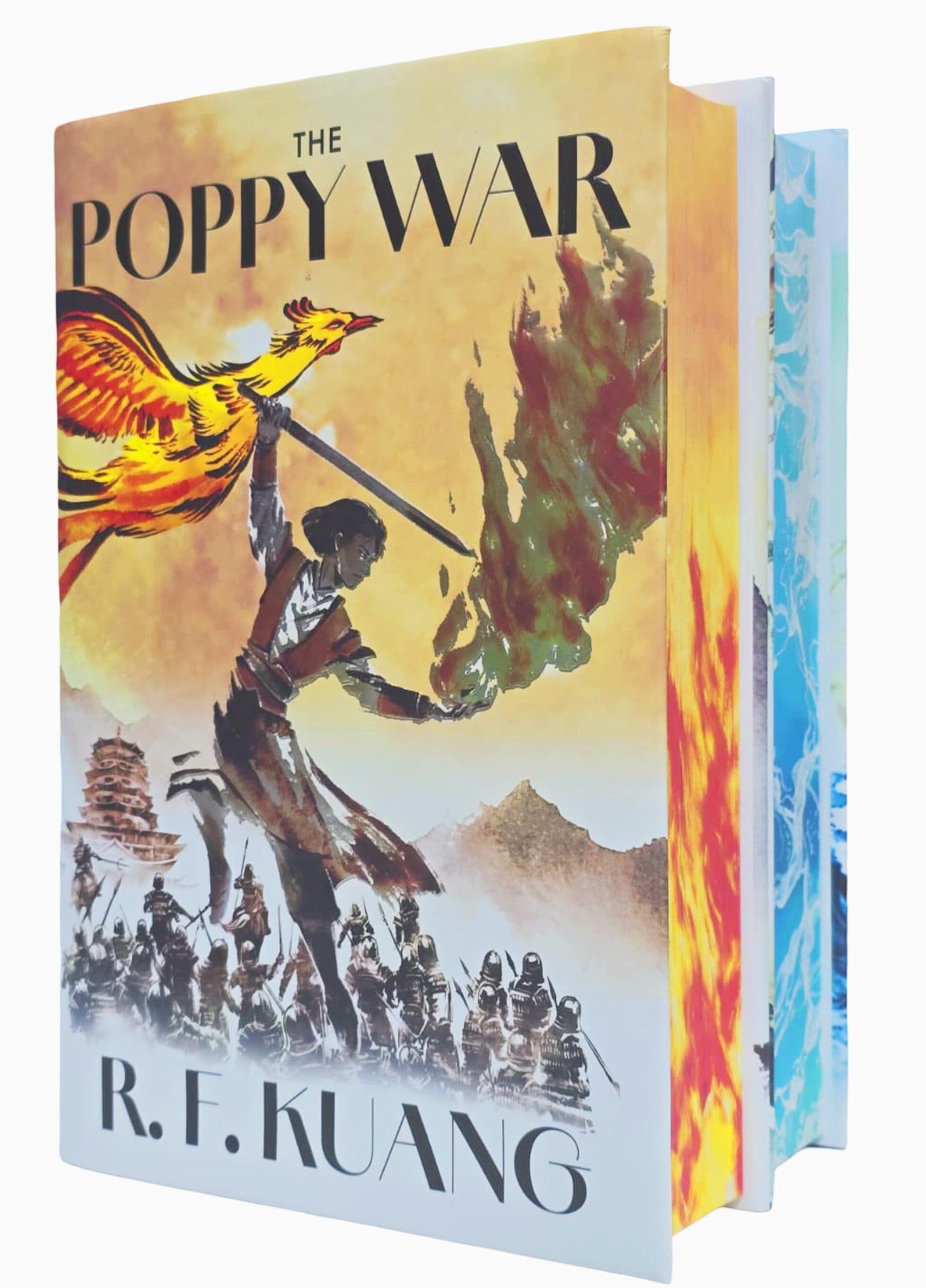 Front cover of The Poppy War Series Collector's Edition hardback set by R.F. Kuang, showing The Poppy War and The Dragon Republic with sprayed page edges