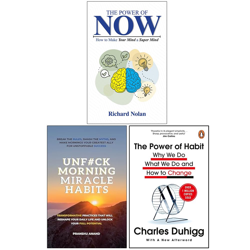 Front cover of Power of Now, Morning Miracle Habits & Power of Habit 3 books collection set, paperback