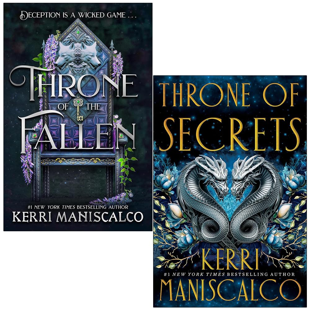 Front covers of Prince of Sin 2-book paperback set by Kerri Maniscalco, featuring Throne of the Fallen and Throne of Secrets dark fantasy romance novels.