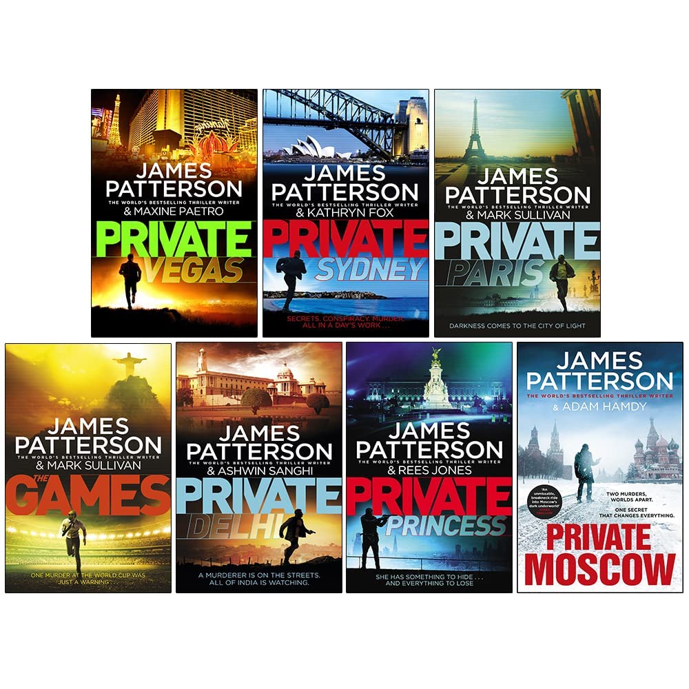 Private Series by James Patterson 7 books collection set paperback front covers, including Private Vegas, Private Sydney, and Private Paris