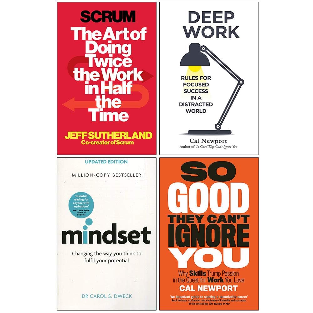 Productivity Mindset 4 book paperback set front cover featuring Scrum, Deep Work, Mindset, and So Good They Can't Ignore You