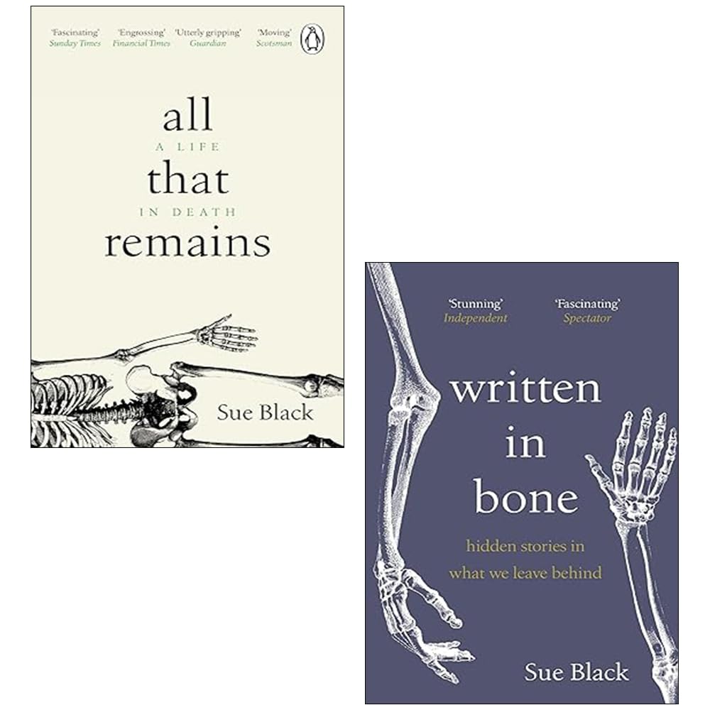 Front covers of All That Remains: A Life in Death and Written In Bone, the Professor Sue Black 2-book paperback collection set, shown against a white background.