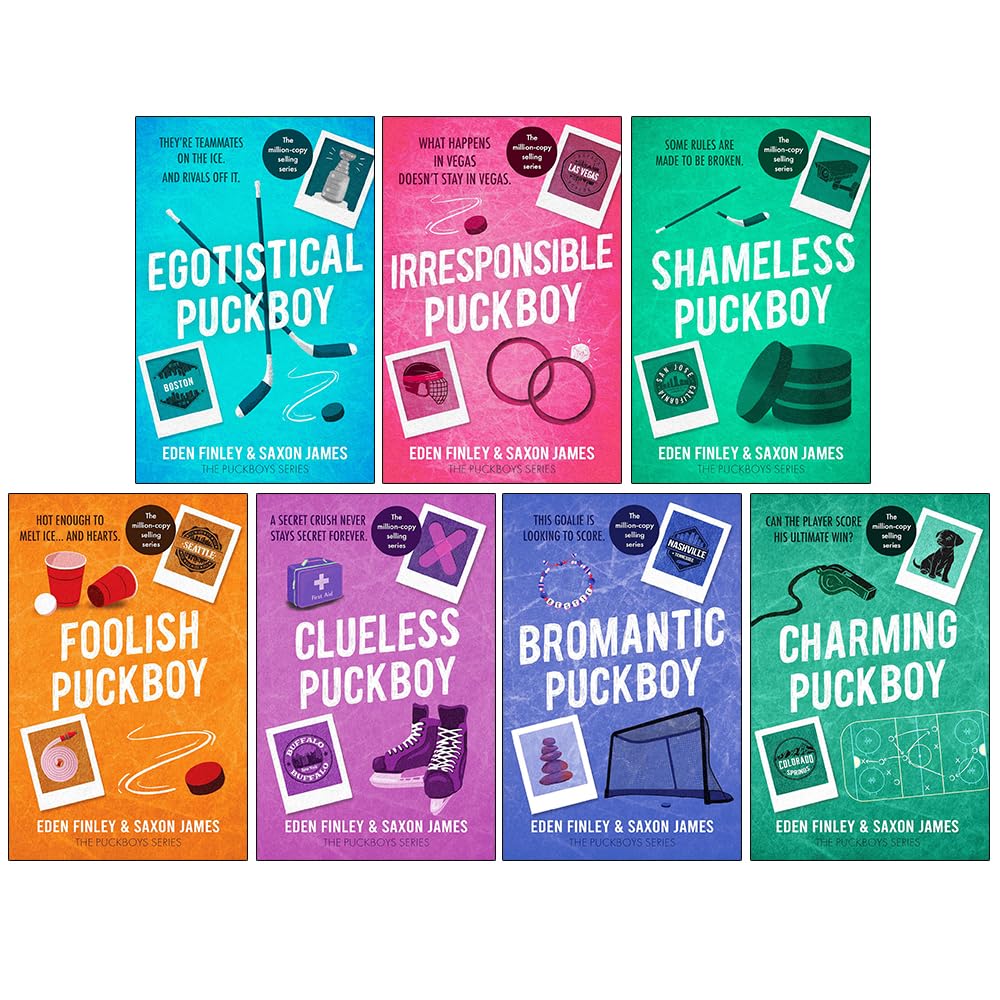 front covers of the full Puckboys 7 book paperback collection set by Saxon James and Eden Finley fanned out