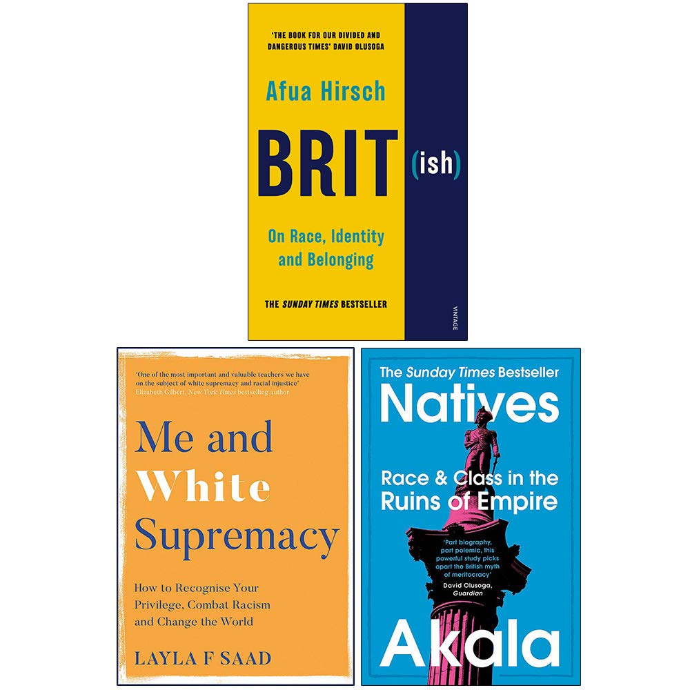 Front covers of the Race & Identity 3-book paperback set featuring Brit(ish), Me and White Supremacy, and Natives