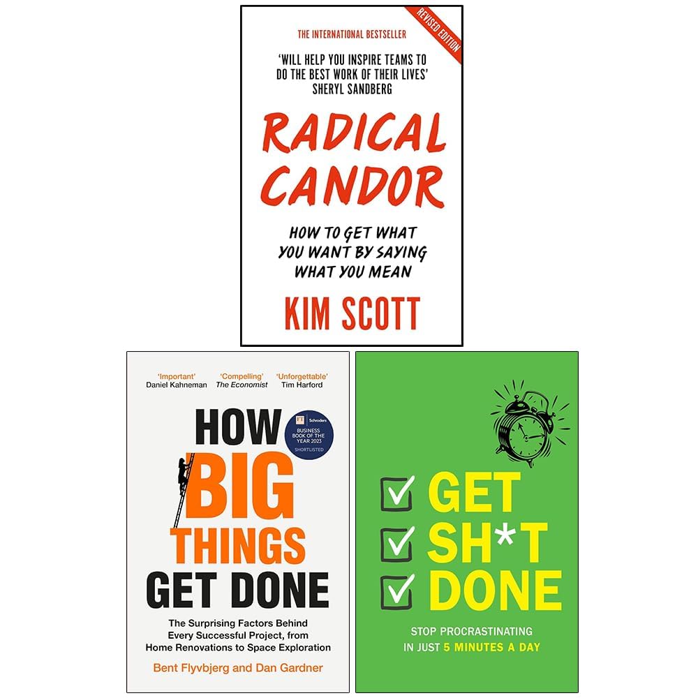 Front cover of the Radical Candor 3 Books Collection Set paperback featuring Radical Candor by Kim Scott, How Big Things Get Done, and Get Sh*t Done