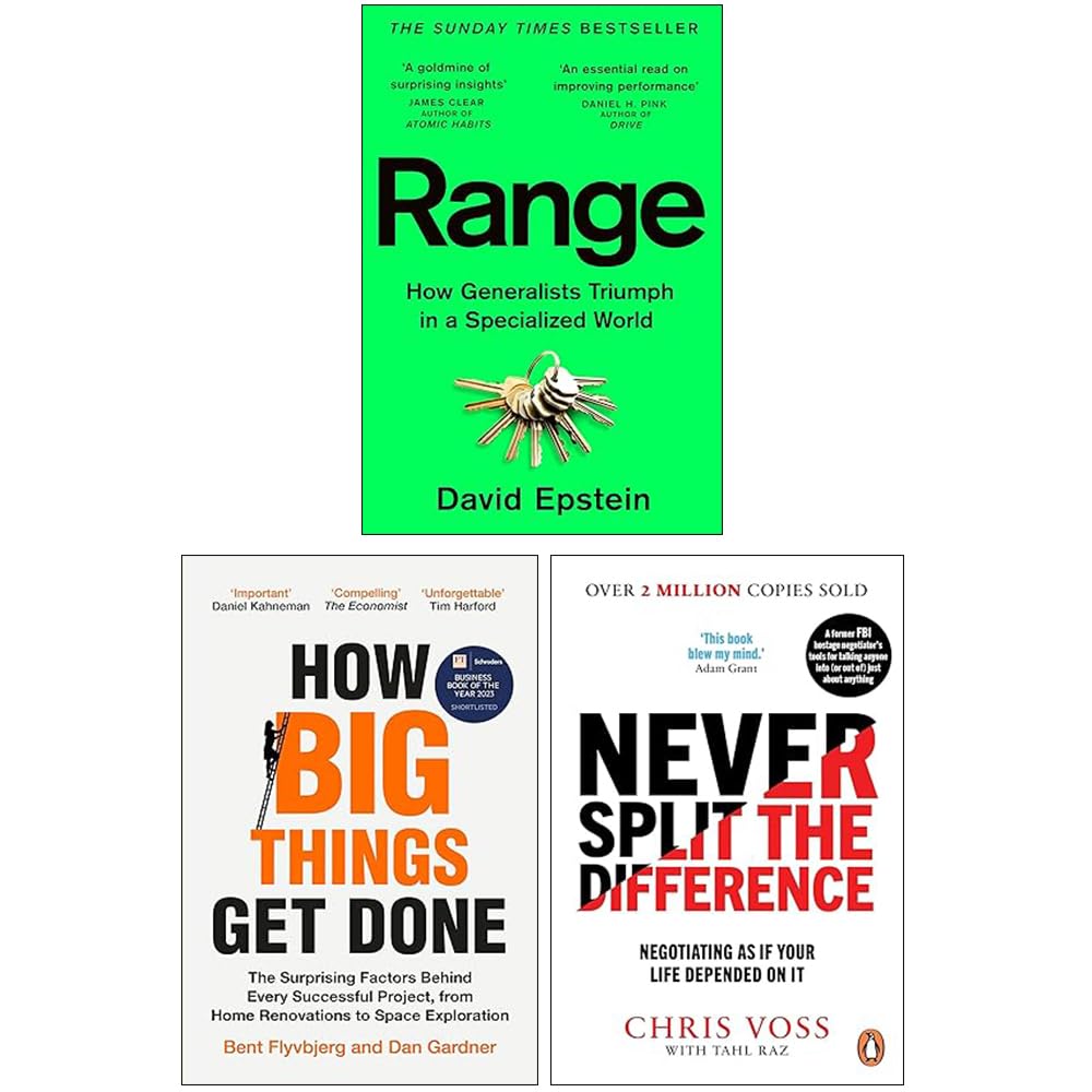 Range, How Big Things Get Done & Never Split the Difference 3-book paperback nonfiction set - front covers