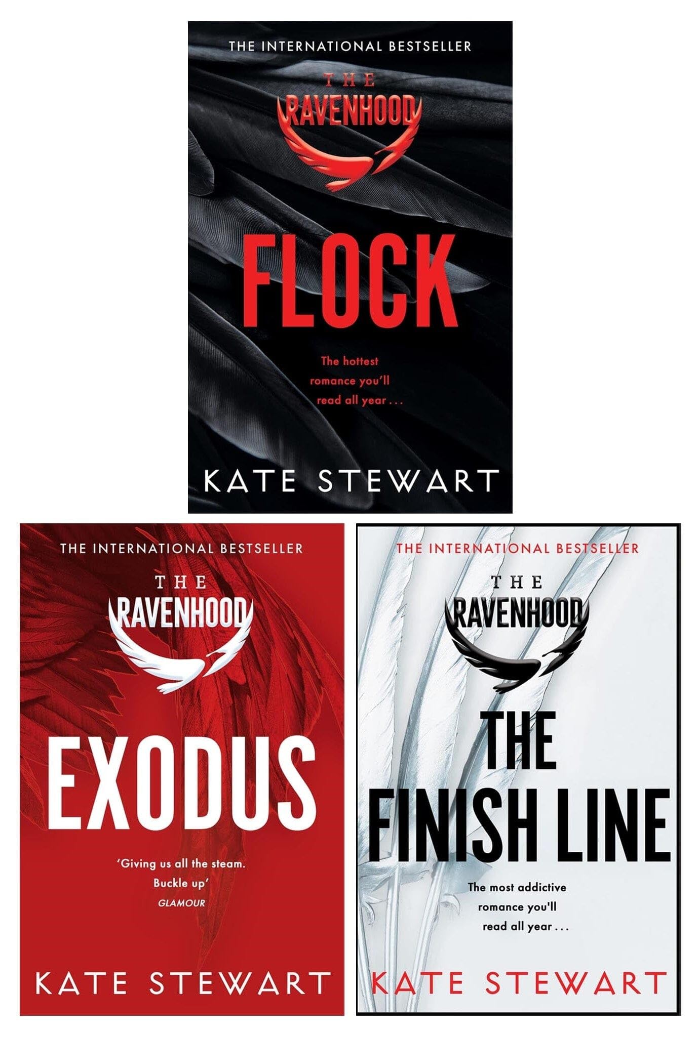 The Ravenhood Series by Kate Stewart 3 book paperback collection set, Flock, Exodus, and The Finish Line, front covers shown together.
