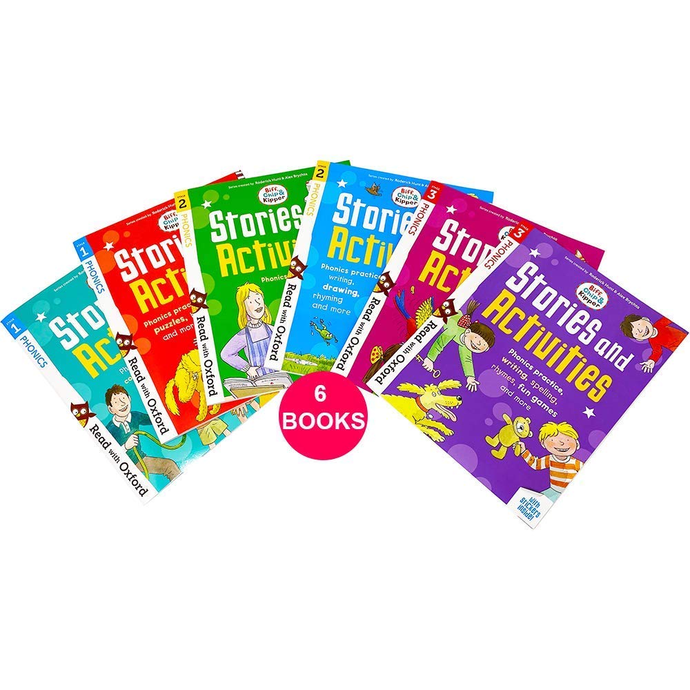 Front cover of Read with Oxford Biff, Chip and Kipper Phonics Stories & Activities 6 Books Collection Set, paperback, ages 3-7