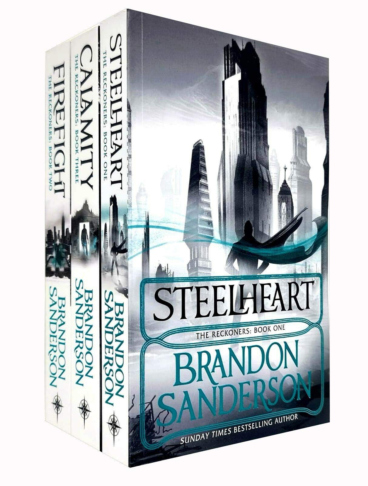 The Reckoners 3 book paperback collection set by Brandon Sanderson - front cover showing Steelheart, Firefight, and Calamity