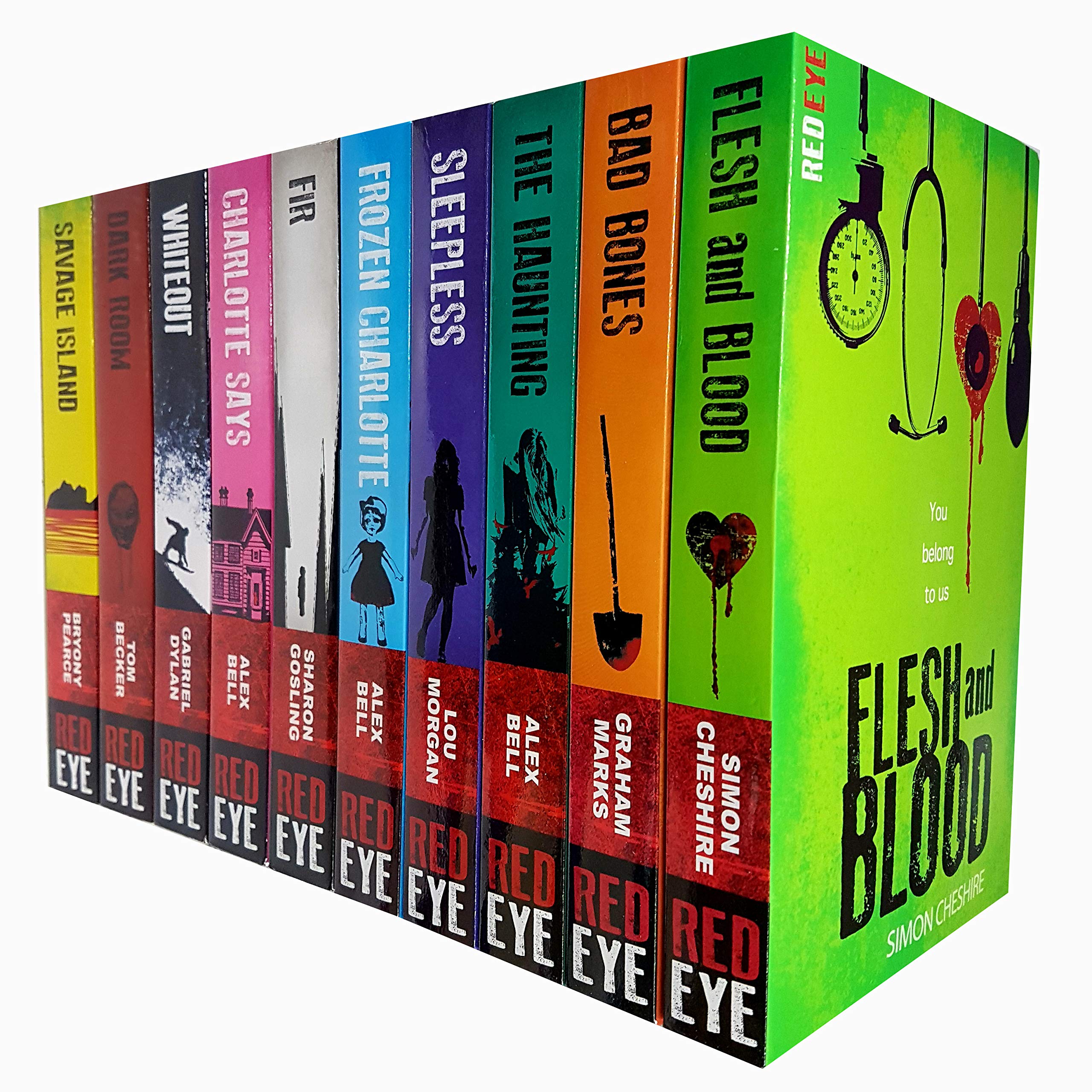 Red Eye Series 10 Books Collection Set paperback, showing all ten covers including Flesh and Blood, Bad Bones, Frozen Charlotte, and Savage Island.