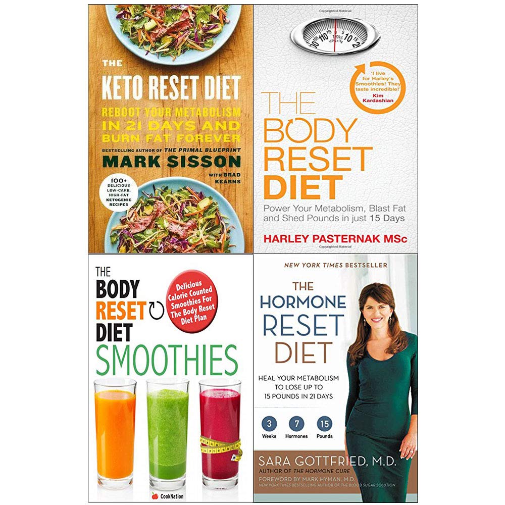 Reset Diets 4 Books Collection Set paperback front covers by Mark Sisson, Harley Pasternak, and Sara Gottfried